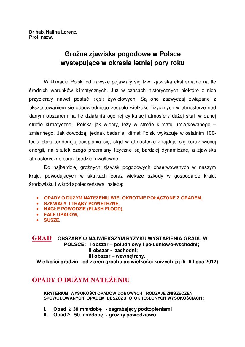 GroĹşne zjawiska pogodowe w Polsce występujące w okresie letniej pory roku
